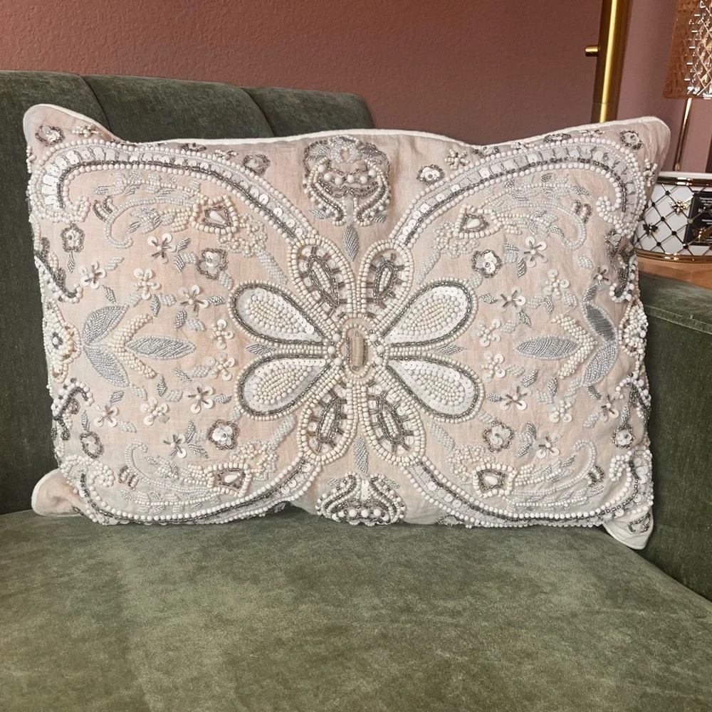 NOBLE EXCELLENCE® Two Embroidered Jeweled Tan Cream‎ & Silver Decorative Pillows